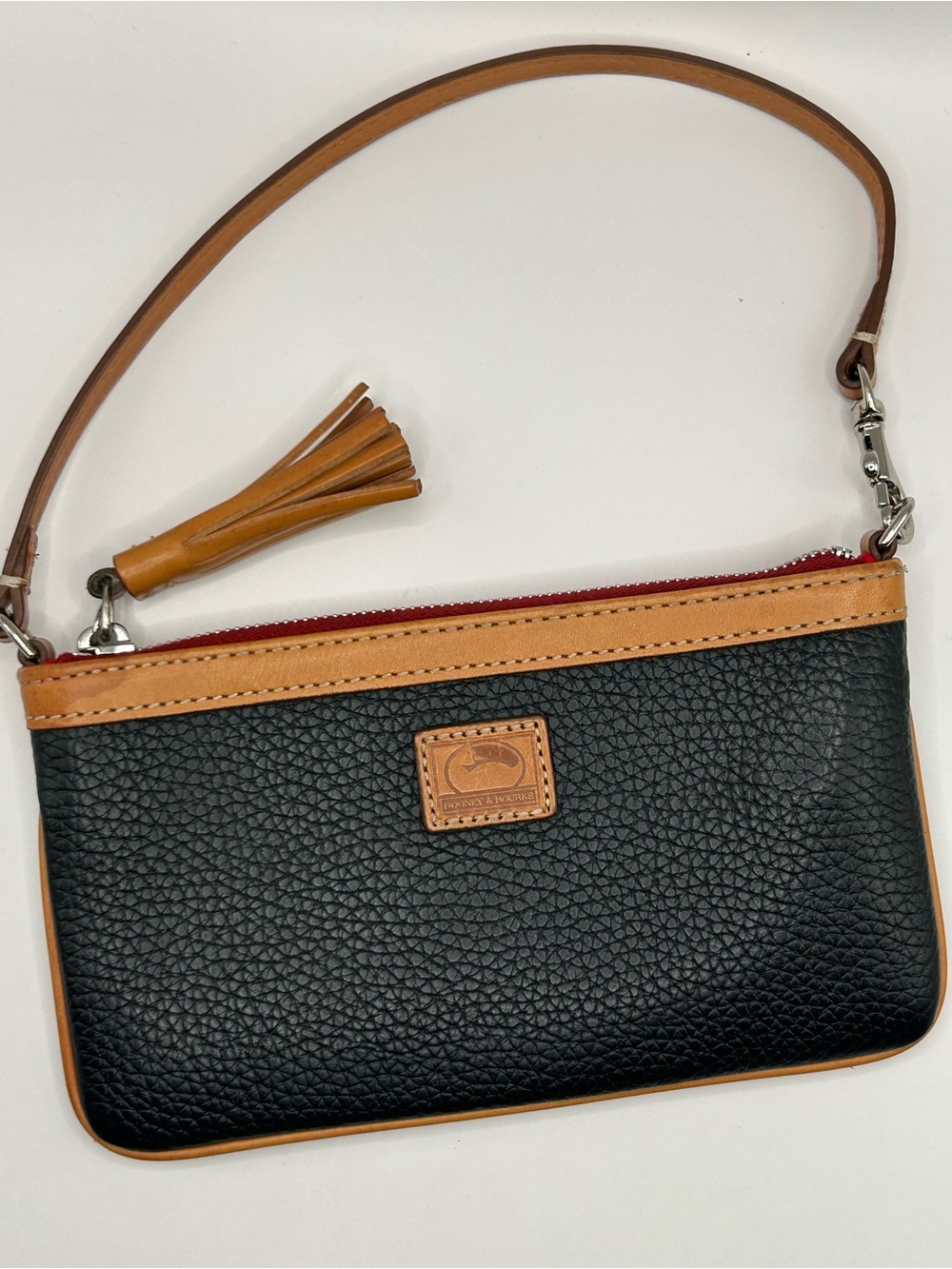 Dooney & Bourke Black Pebbled Leather Wristlet with Tan Trim and Red Zip